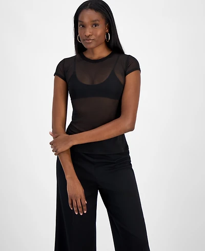 Bar Iii Women's Mesh Cap-Sleeve Semi-Sheer Top, Exclusively at Macy's