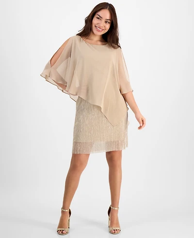 Connected Petite Cape-Overlay Metallic A-Line Dress