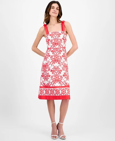 Anne Klein Women's Printed Bow-Shoulder Border-Hem Midi Dress