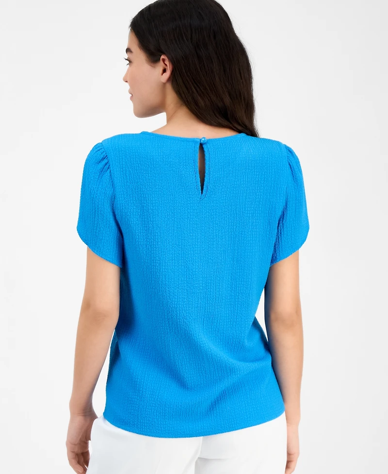 Ak Anne Klein Petite Textured Tulip-Sleeve Jewel-Neck Top