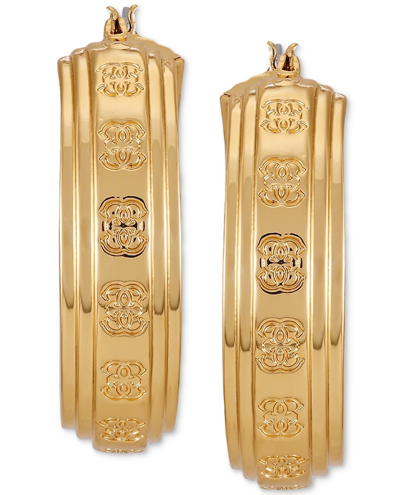 Guess Gold-Tone Medium Textured Logo Hoop Earrings, 2"