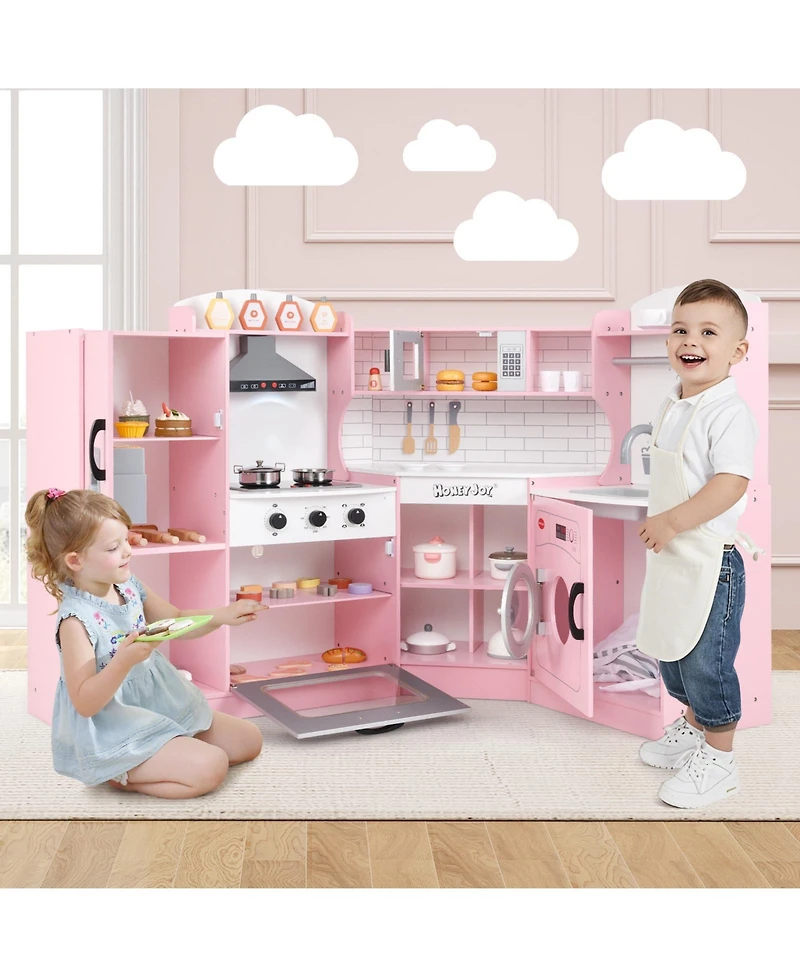 Corner Play Kitchen Toddler Kitchen Playset with Range Hood, Ice Maker, Microwave