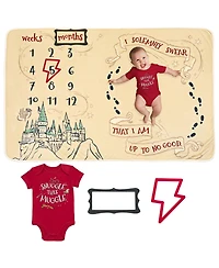 Harry Potter Baby Boys Bodysuit and Monthly Milestone Blanket 4 Piece Newborn