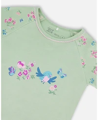 Deux par Deux Toddler Girls Cotton Two-Piece Short Pajama Set Small Pink And Blue Flowers On Light Sage - Toddler|Child