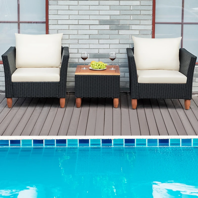 Gymax 3PCS Patio Conversation Furniture Set w/ Wooden Table Top & Feet Cushions