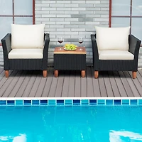 Gymax 3PCS Patio Conversation Furniture Set w/ Wooden Table Top & Feet Cushions