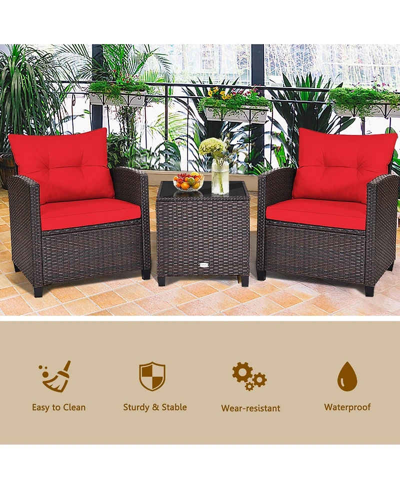 Gymax 3PCS Patio Outdoor Rattan Conversation Set w/ Cushion Coffee Table