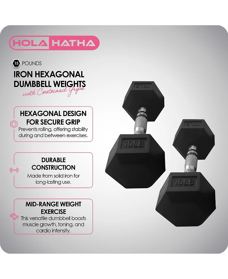 HolaHatha Iron Hexagonal Cast Home Exercise Dumbbell Free Weight, 15 Pounds