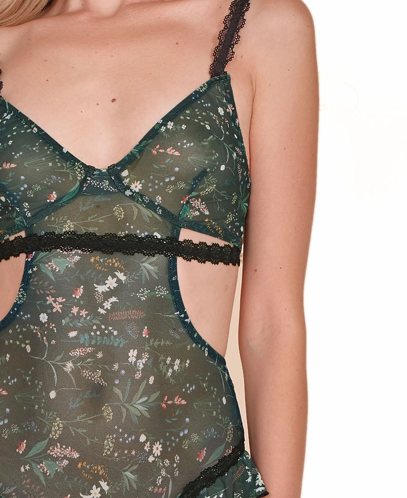 Hauty Women's 1PC Flutter Hip Floral Mesh V-Neck Bodysuit Lingerie