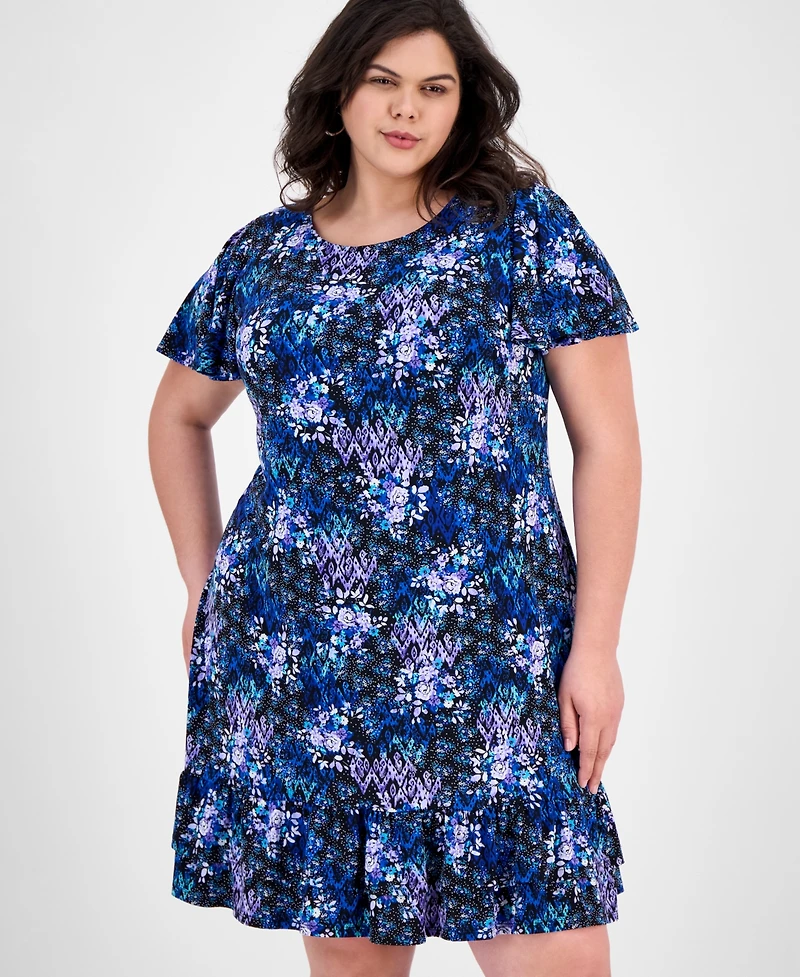 Connected Plus Size Printed Scoop-Neck Flutter-Sleeve Shift Dress