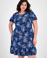 Connected Plus Size Printed Scoop-Neck Flutter-Sleeve Shift Dress