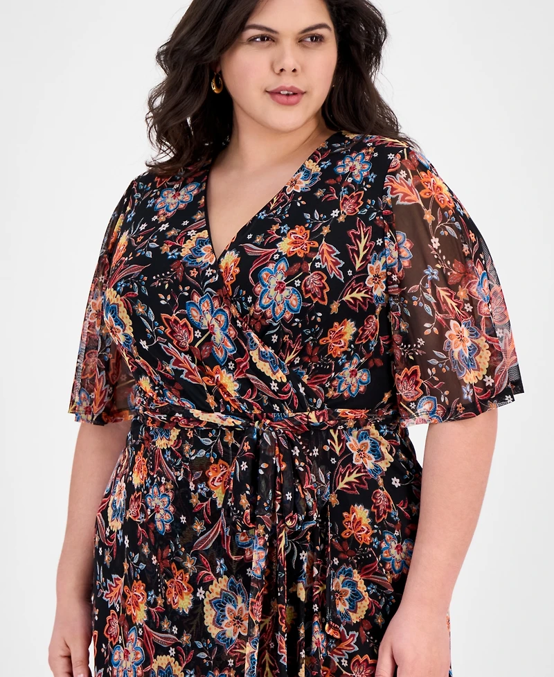Connected Plus Printed Mesh High-Low Faux-Wrap Dress