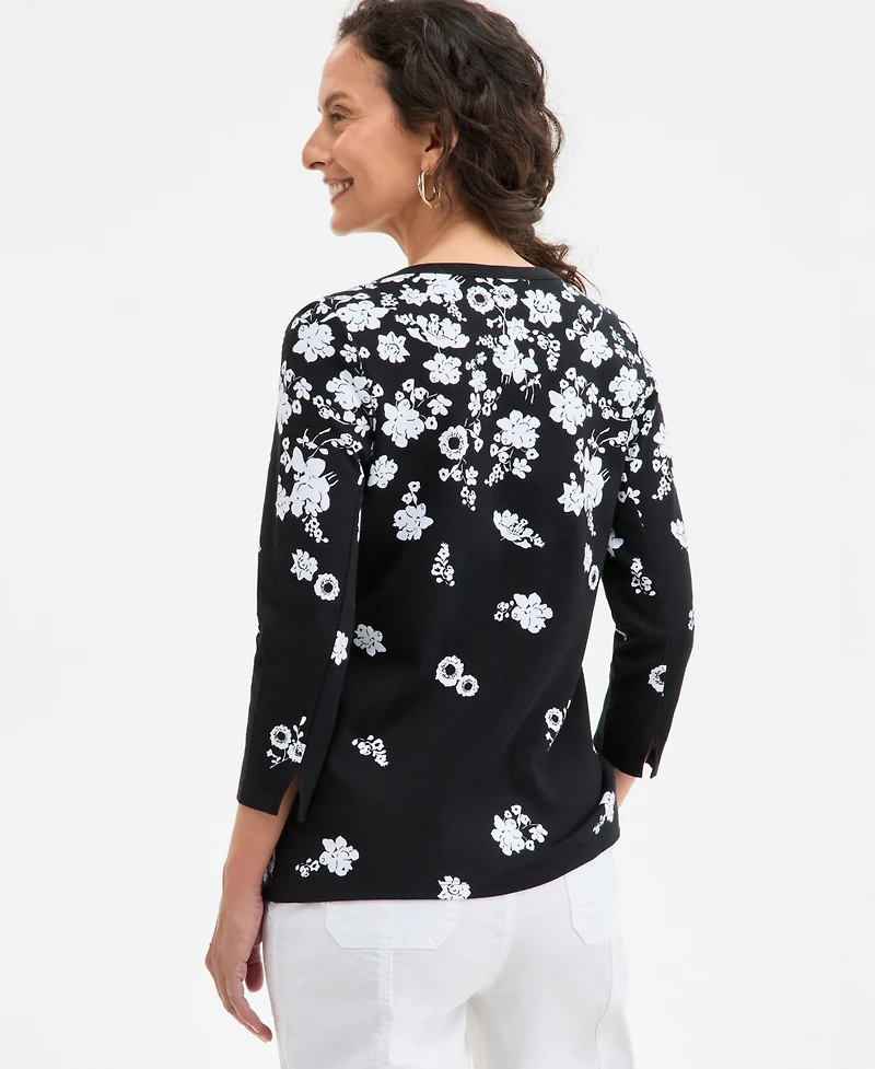 Style & Co Women's Printed Pima Cotton Boat-neck 3/4-Sleeve Top, Created for Macy's