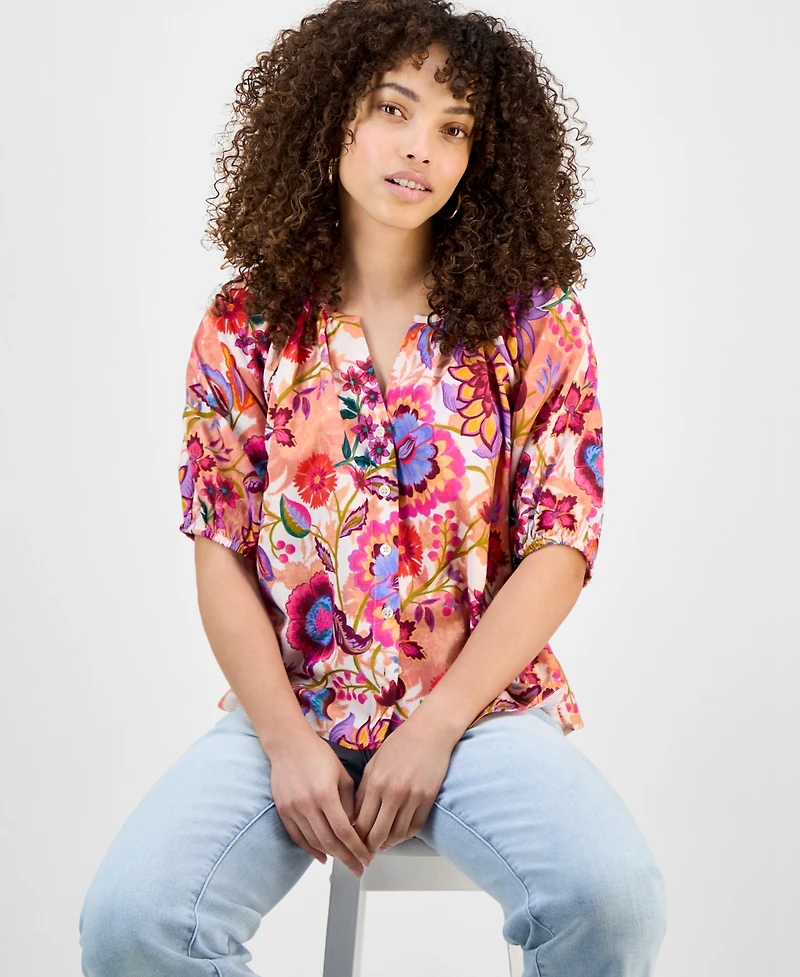 Liverpool Los Angeles Petite Printed Button-Front Shirred Blouse