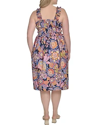 Eliza J Plus Cotton Floral Smocked-Waist Midi Dress