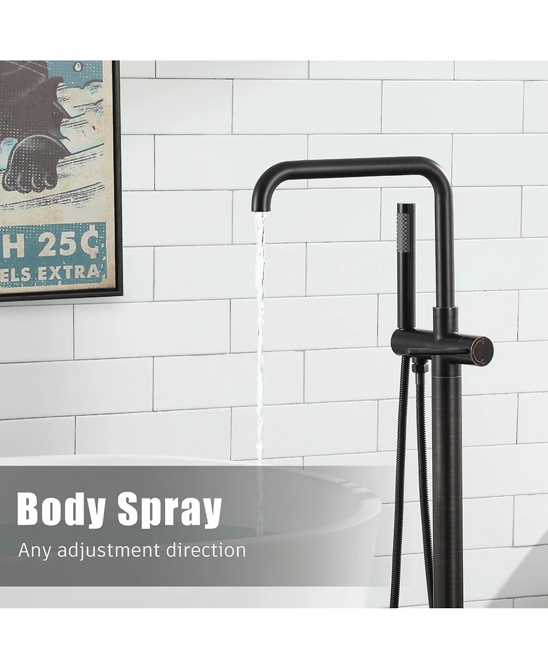 Floor Mount Bathtub Faucet Freestanding Tub Filler Standing High Flow Shower Faucets Shower Mixer Taps, Swivel Gooseneck Spout with Cylinder Handheld