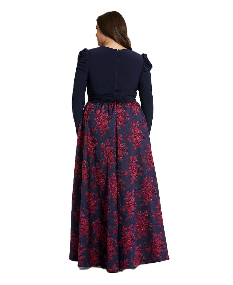 Mac Duggal Plus Long Sleeve Keyhole Knot Neck Floral Bottom Gown