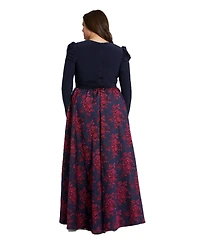 Mac Duggal Plus Long Sleeve Keyhole Knot Neck Floral Bottom Gown