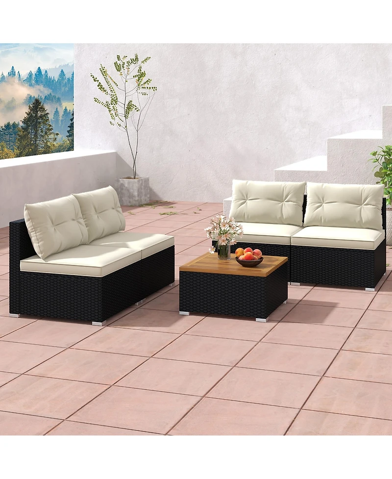 Gymax 5 Pcs Rattan Sofa Set Outdoor Wicker Furniture Set w/ Back Cushions & Square Coffee Table