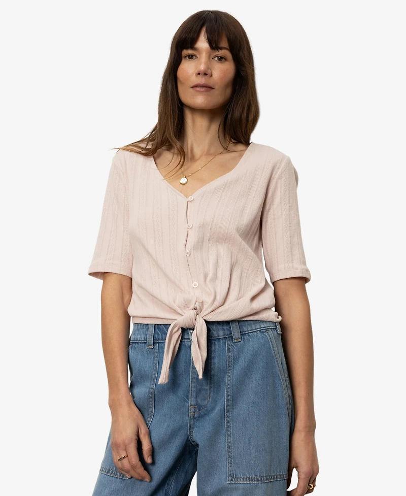 Sanctuary Women's Cotton Pointelle Tie-Front Top