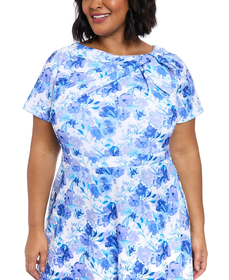 London Times Plus Size Floral-Print Bow Fit & Flare Dress