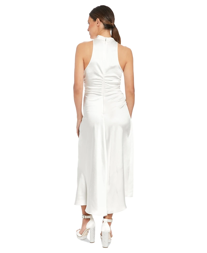 London Times Petite Satin Side-Ruched Cowlneck Midi Dress