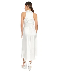 London Times Petite Satin Side-Ruched Cowlneck Midi Dress