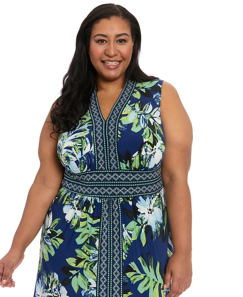 London Times Plus Border-Print V-Neck Maxi Dress