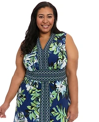 London Times Plus Border-Print V-Neck Maxi Dress