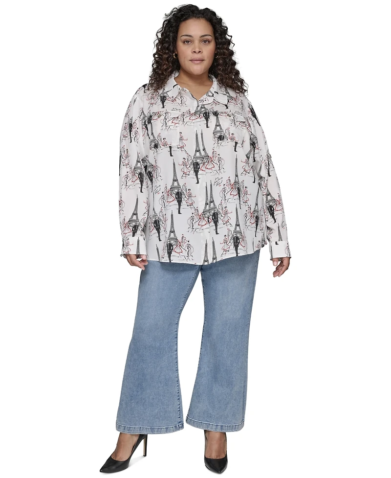 Karl Lagerfeld Paris Plus Whimsical Paris-Print Shirt, Exclusively at Macy's