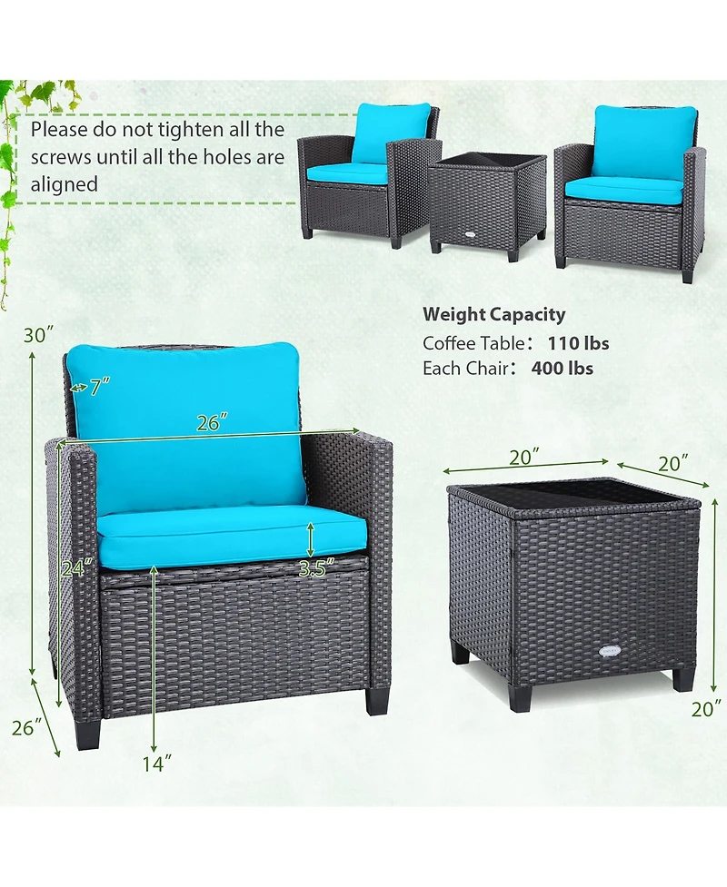 Gymax 3PCS Patio Outdoor Rattan Conversation Set Garden Yard w/ Cushion