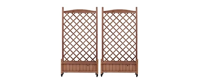 Outdoor Patio Wood Raised Garden Bed Planter Box with Trellis, Wheels, Brown, Set of 2