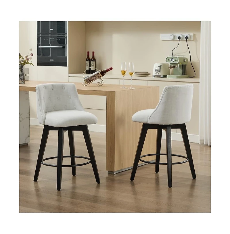 Set of 2 Swivel 25'' Counter Height Stools, Linen Upholstered Kitchen Island Chairs with Tufted Back -The Pop Home