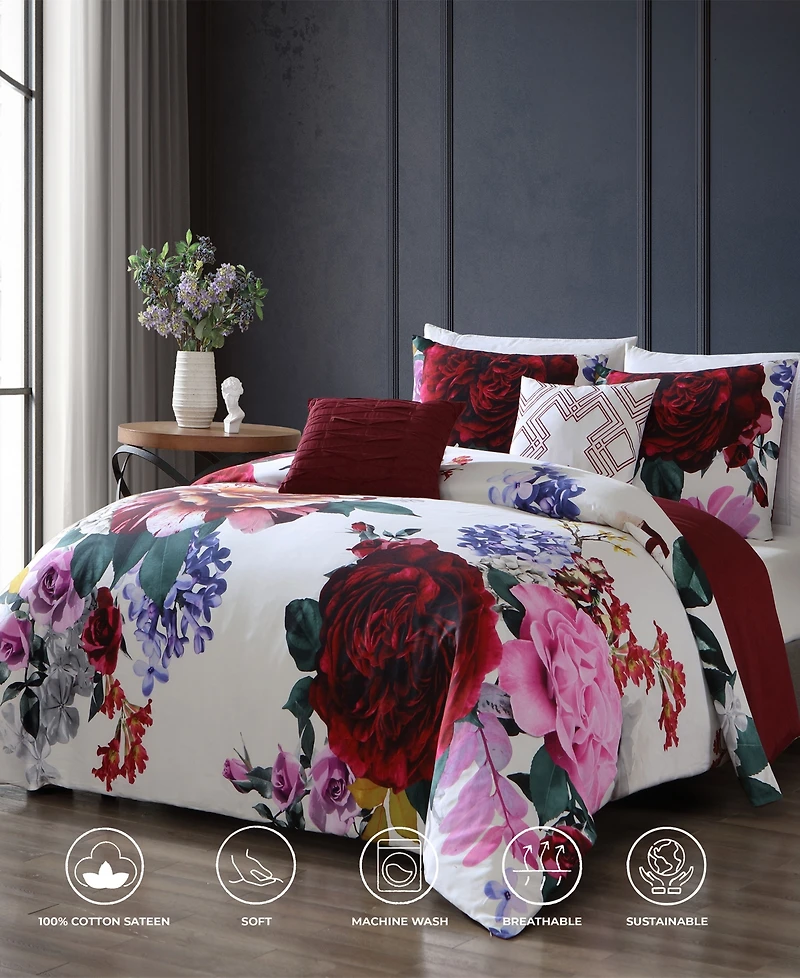 Bebejan Scarlet Bedding 100% Cotton Sateen 5 Piece Queen Size Reversible Comforter Set