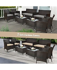 8PCS Rattan Patio Furniture Set Cushioned Sofa Chair Coffee Table