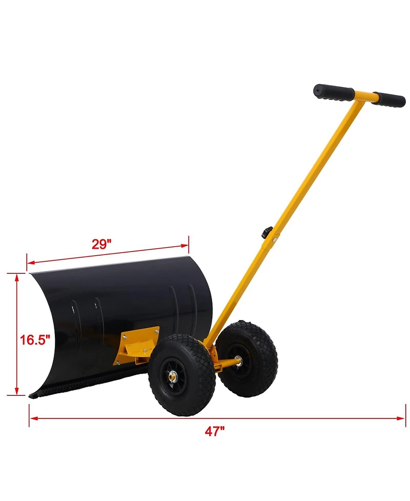 Snow Shovel with Wheels, Snow Pusher, Cushioned Adjustable Angle Handle Snow Removal Tool, 29" Blade, 10" Wheels,yellow color