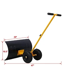 Snow Shovel with Wheels, Snow Pusher, Cushioned Adjustable Angle Handle Snow Removal Tool, 29" Blade, 10" Wheels,yellow color