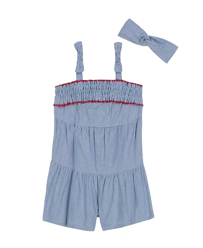 Tommy Hilfiger Baby Girls 2-Piece Striped Denim Romper Headband Set