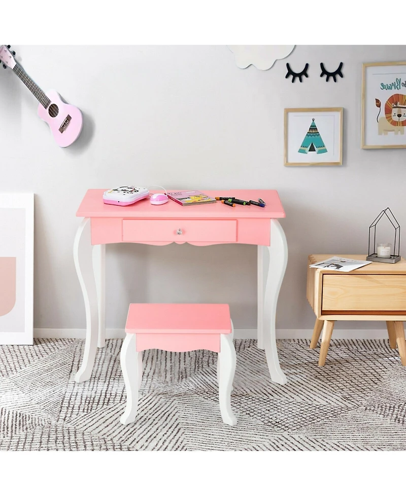 Kids Vanity Princess Makeup Dressing Table Stool Set with Mirror and Drawer