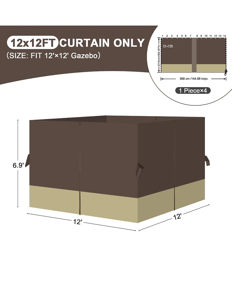 Aoodor 12' x 12' Gazebo Curtain Replacement Universal 4-Panel Sidewalls (Only Curtain)