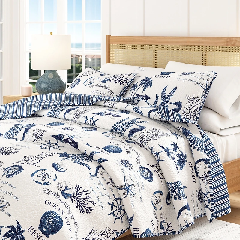 Linery & Co. Navy Nautical Pattern Microfiber Quilt Set With Shams