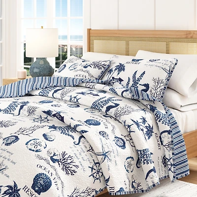 Linery & Co. Navy Nautical Pattern Microfiber Quilt Set With Shams