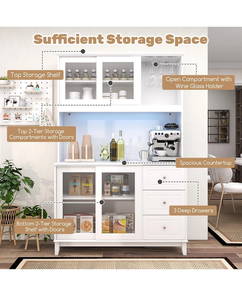 Kitchen Pantry Storage Cabinet Kitchen Hutch with Led lights and Power Outlet