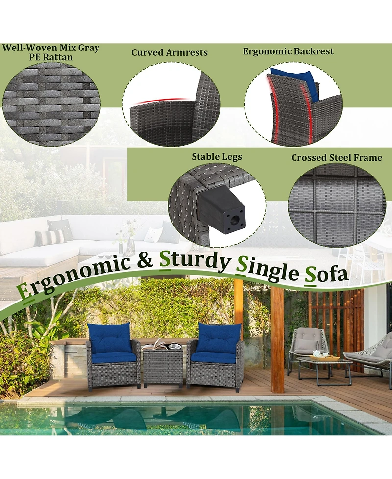 Gymax 3 Piece Patio Rattan Wicker Sofa Set w/ Cushions Glass Tabletop