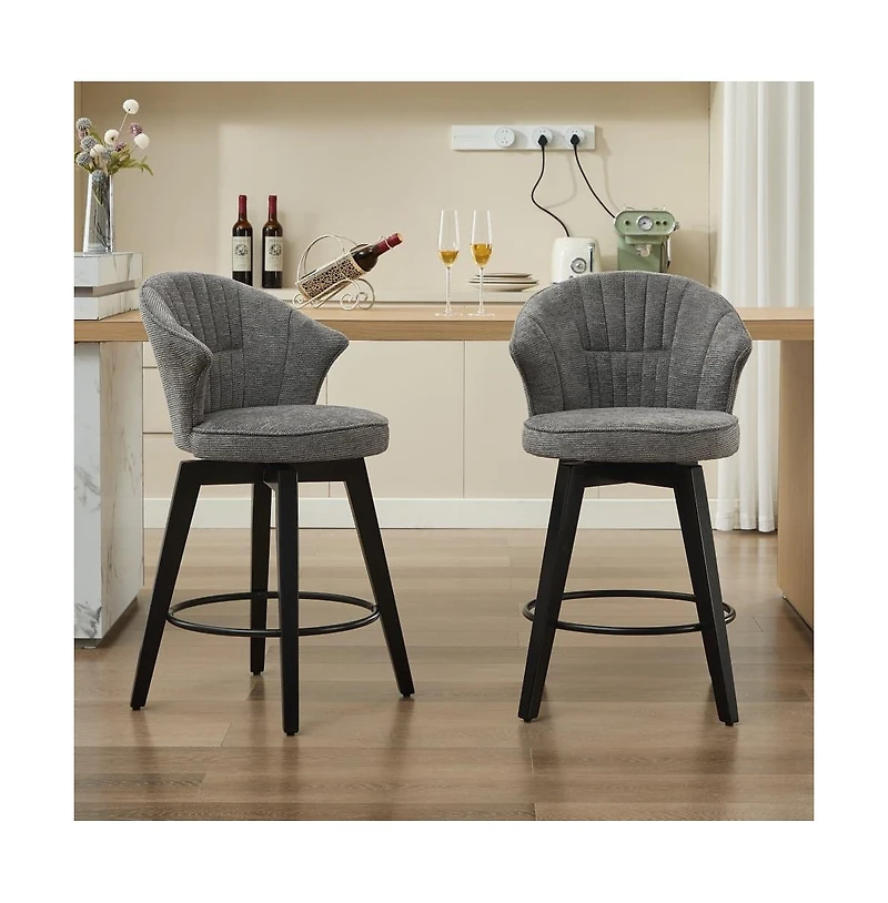 Set of 2 Swivel Counter Height Stools, 24.6" Chenille Upholstered Chairs with Wingback & Solid Wood Legs for Kitchen Island-The Pop Home