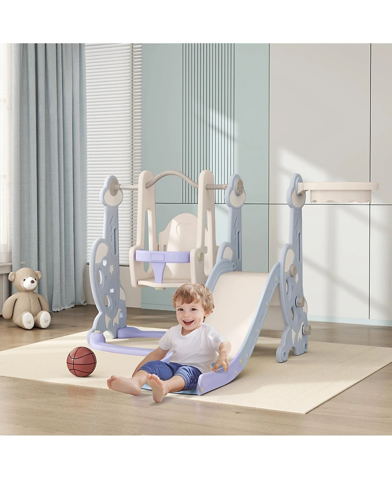 Qaba 4 in 1 Toddler Slide and Swing Set w/ Climber, Basketball Hoop,