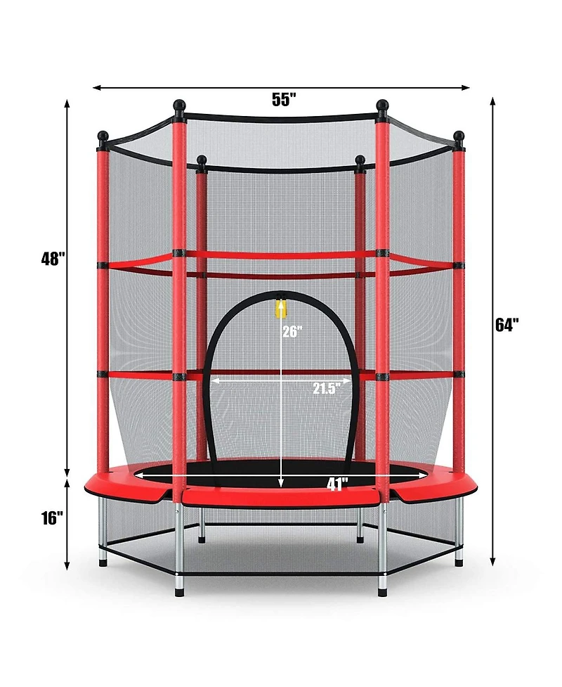 55" Trampoline for Kids, Children Trampoline w/Safety Enclosure Net & Spring Pad & Bulit-in Zipper Sturdy Steel Frame, Mini Outdoor Indoor Trampoline
