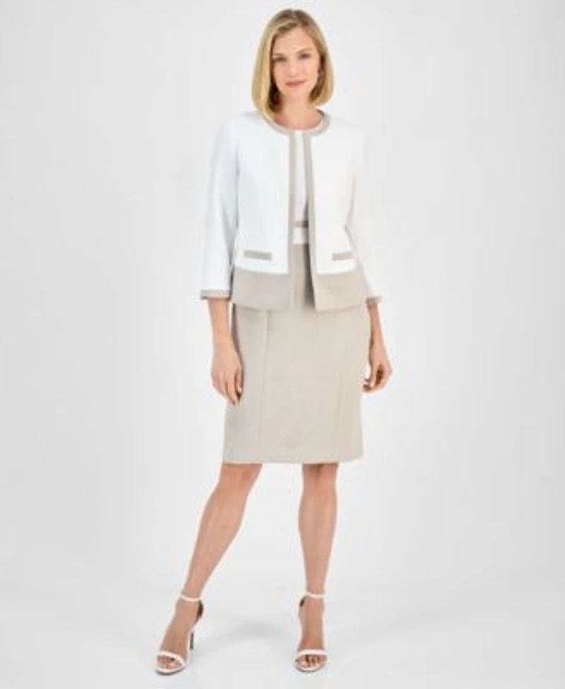 Kasper Womens Colorblocked Open Front Jacket Sheath Dress