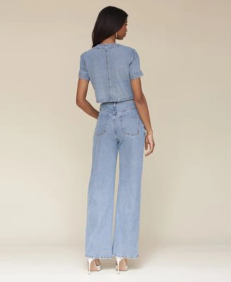 Avec Les Filles Womens Rhinestone Trim Short Sleeve Denim Top Rhinestone Trim Hollywood Waist Wide Leg Jeans