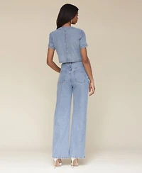 Avec Les Filles Womens Rhinestone Trim Short Sleeve Denim Top Rhinestone Trim Hollywood Waist Wide Leg Jeans